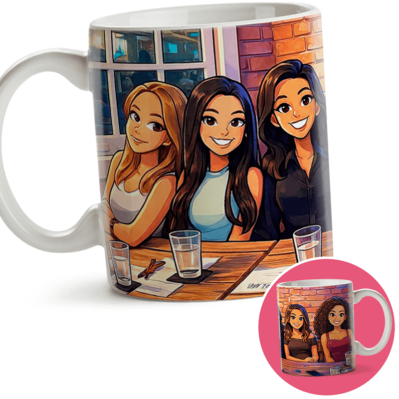 caneca com caricatura amigas personalizada porcelana 320ml