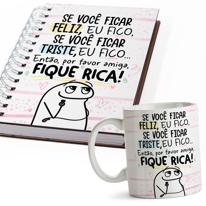 kit Caneca e Agenda amiga flork meme fique rica